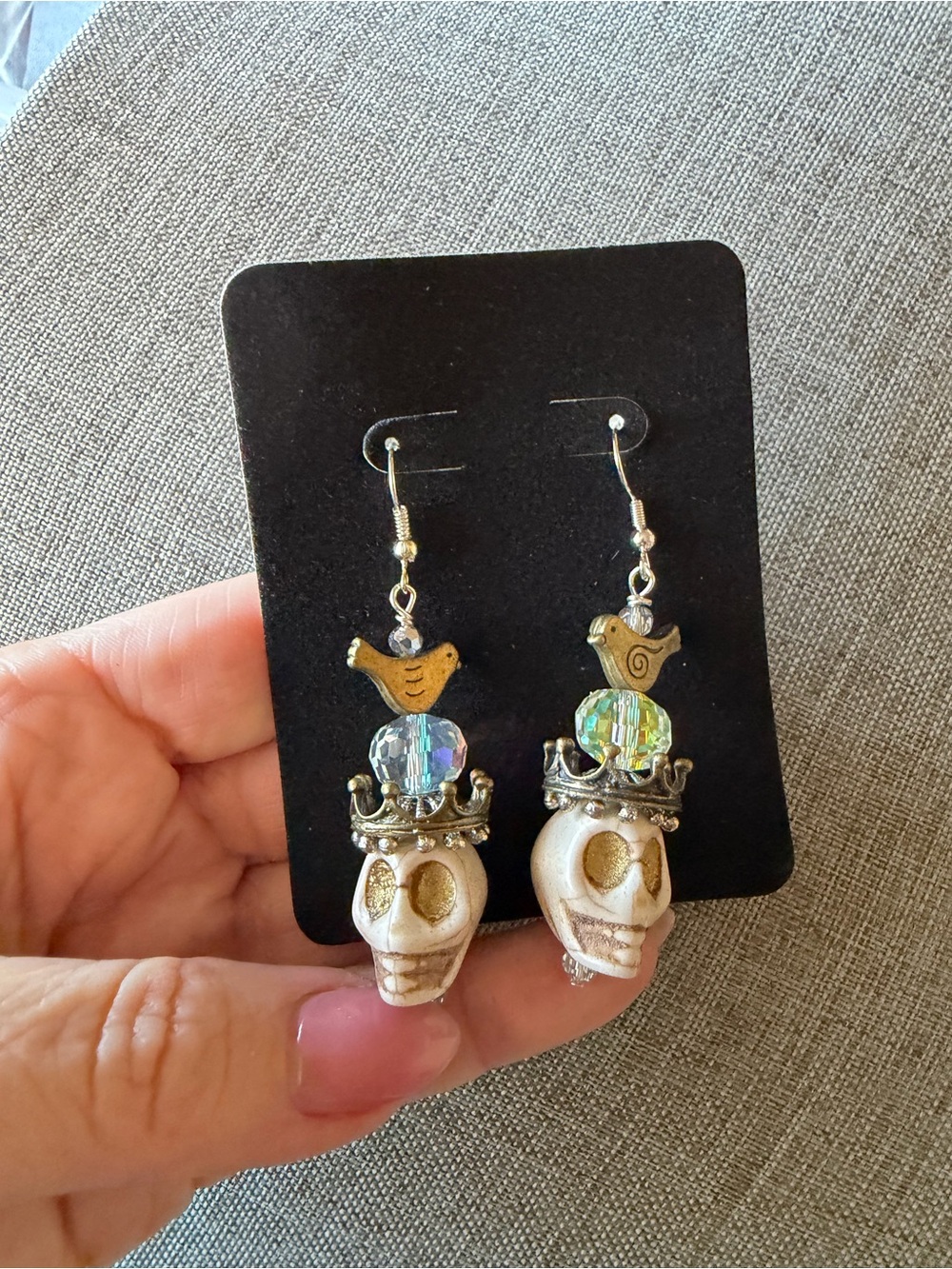 Gold and Ivory Skull Crown Drop Earrings with Bird Accent